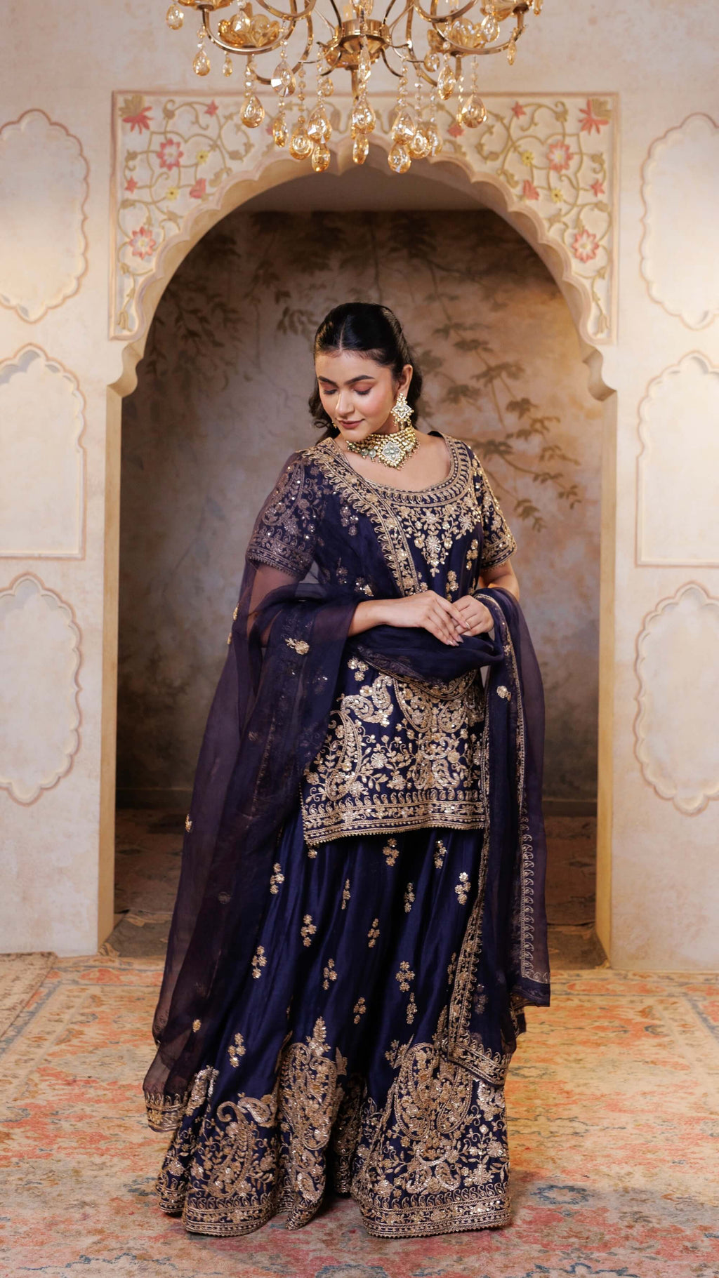 Navy Gul Embroidered Sharara Set