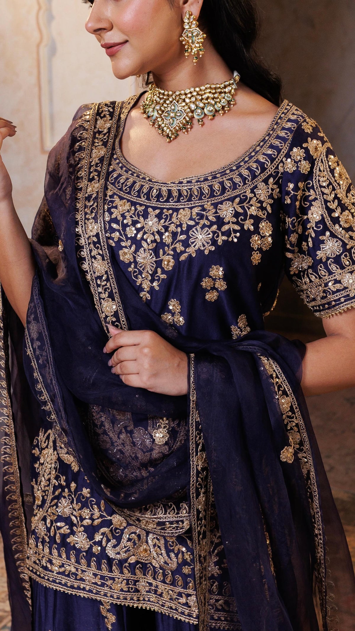 Navy Gul Embroidered Sharara Set