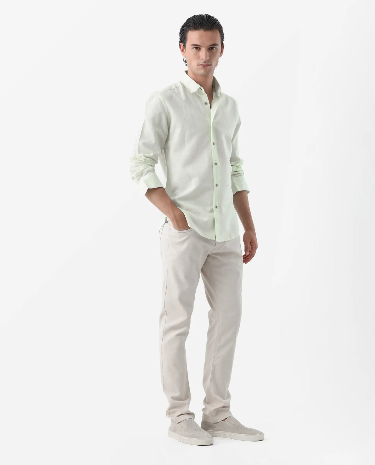 Rare Rabbit Men's Spoke 24 Light Beige Linen Blend Plain Regular Fit Trouser