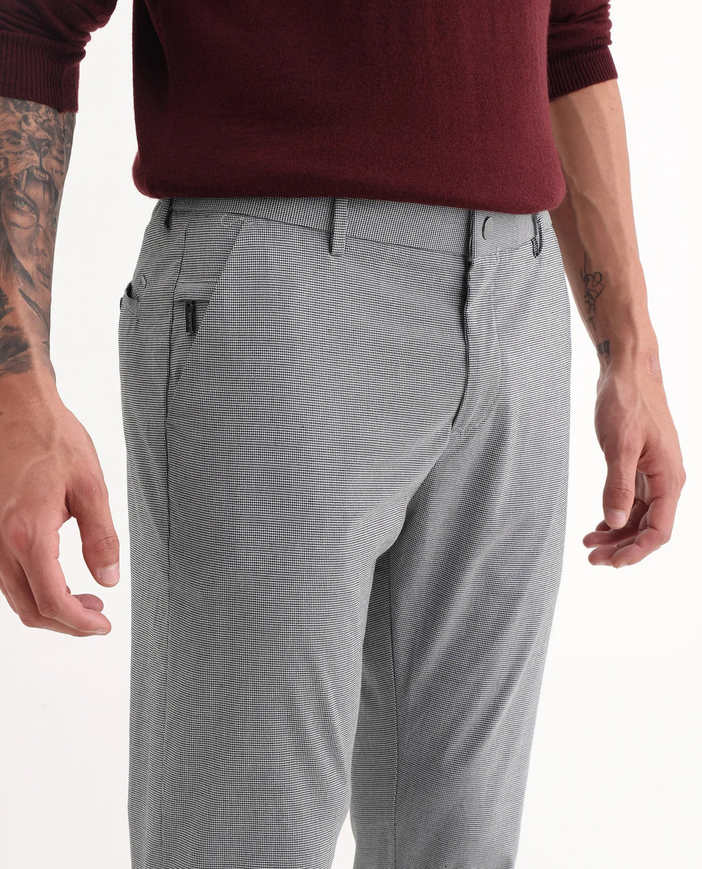 Rare Rabbit Men's Micra-1 Grey Cotton Blend Checked Print Regular Fit Trouser