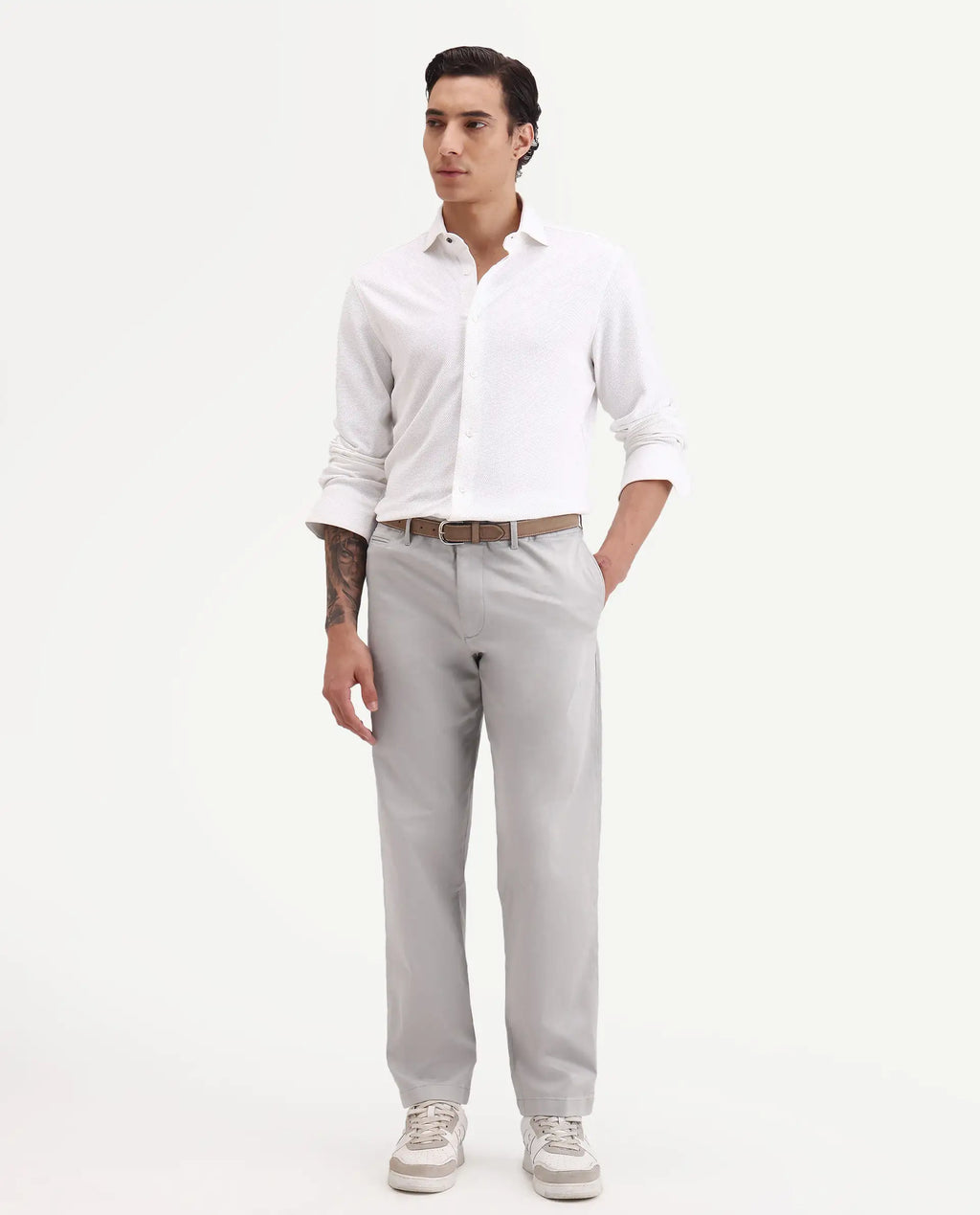 Rare Rabbit Men's Parga Light Grey Cotton Blend Fabric Regular Fit Plain Trouser