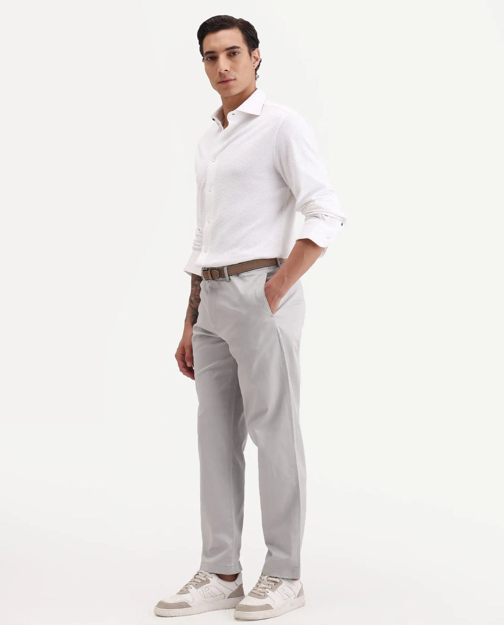 Rare Rabbit Men's Parga Light Grey Cotton Blend Fabric Regular Fit Plain Trouser