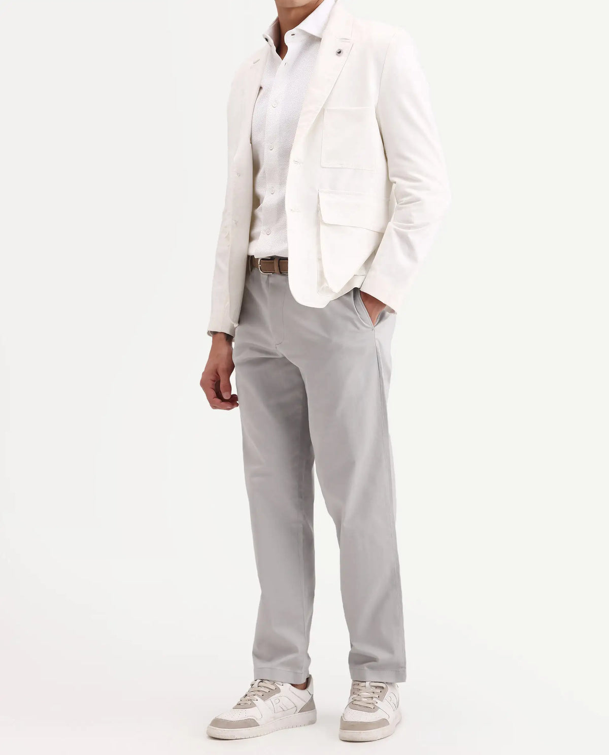 Rare Rabbit Men's Parga Light Grey Cotton Blend Fabric Regular Fit Plain Trouser
