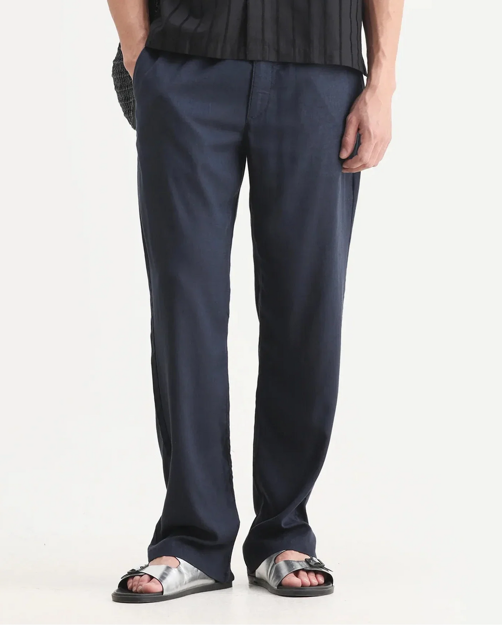 Rare Rabbit Men's Coft-B Navy Linen Blend Plain Loose Fit Trouser