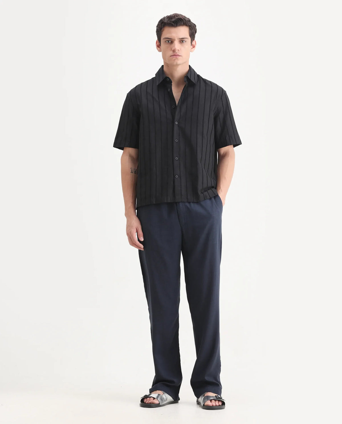 Rare Rabbit Men's Coft-B Navy Linen Blend Plain Loose Fit Trouser