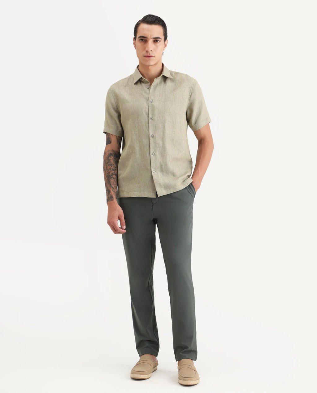 Rare Rabbit Men Travel-Stk Olive Polyester Fabric Button And Zip Closure Closure Plain Trouser
