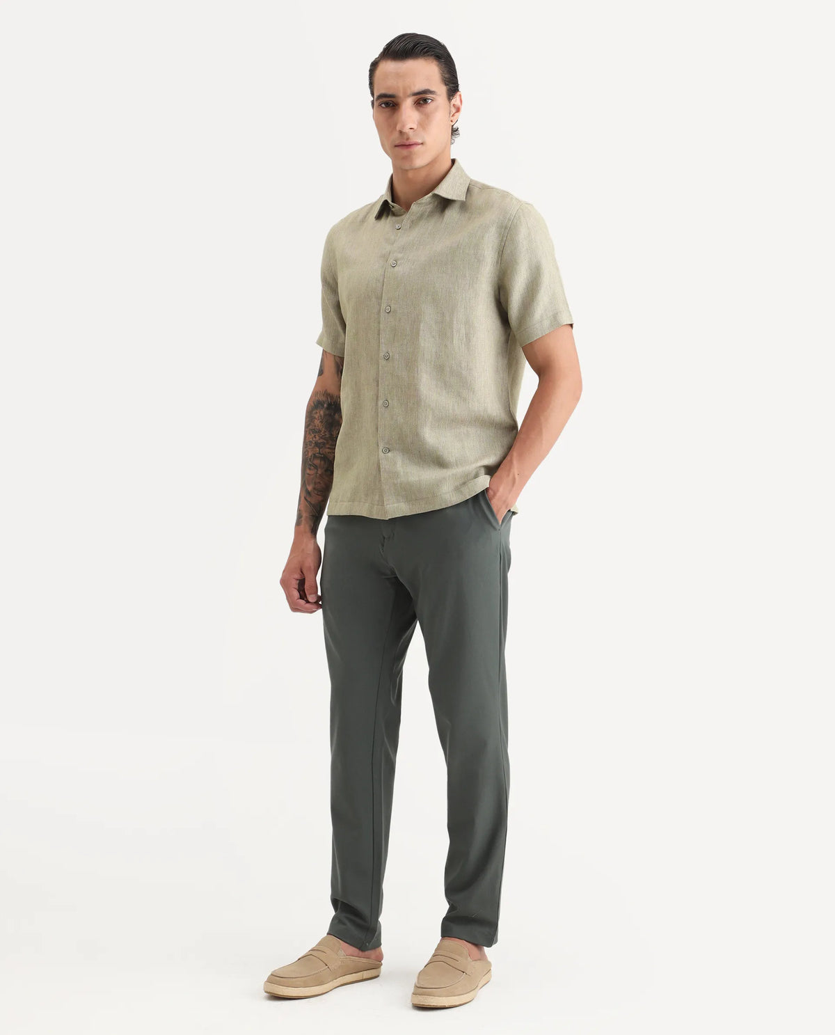 Rare Rabbit Men Travel-Stk Olive Polyester Fabric Button And Zip Closure Closure Plain Trouser