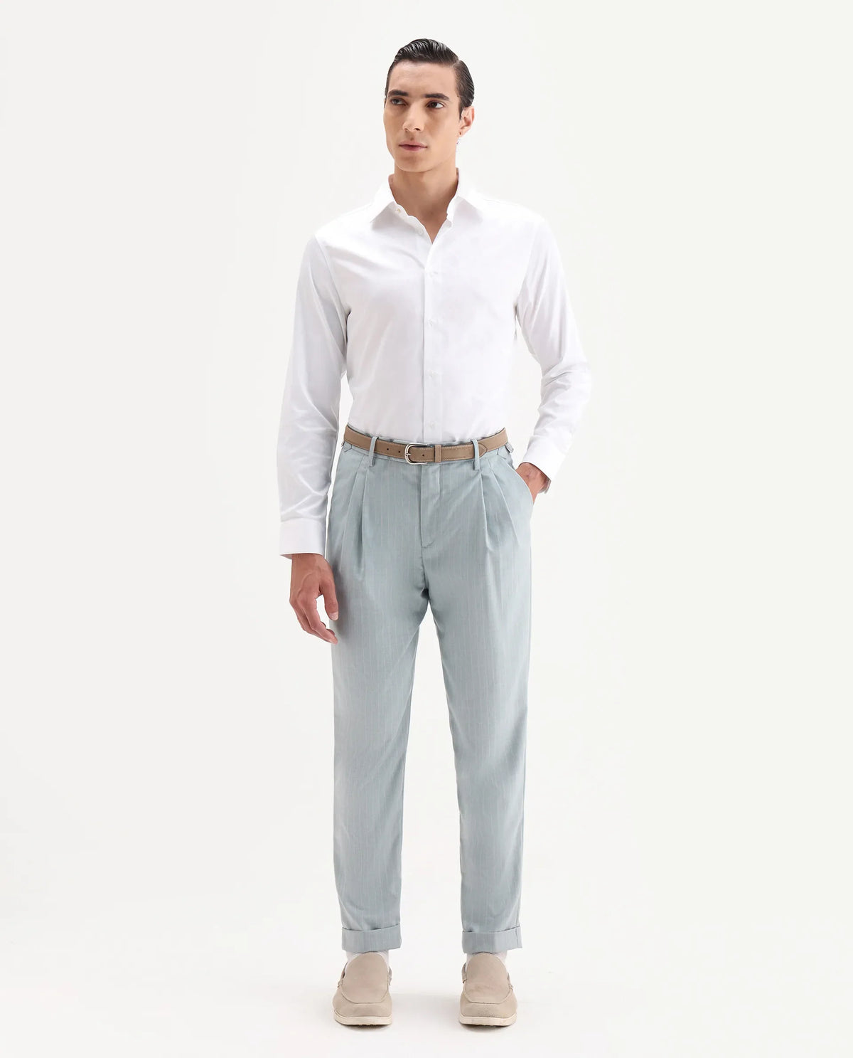 Rare Rabbit Men's Amosy Light Blue Viscose Striped Print Relaxed Fit Trouser