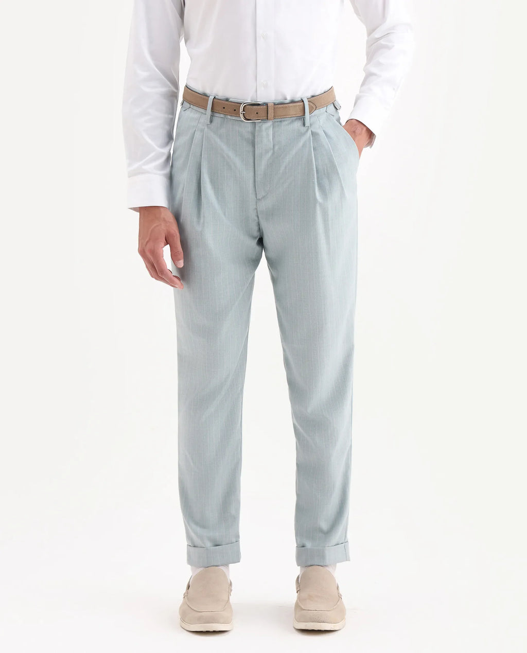 Rare Rabbit Men's Amosy Light Blue Viscose Striped Print Relaxed Fit Trouser