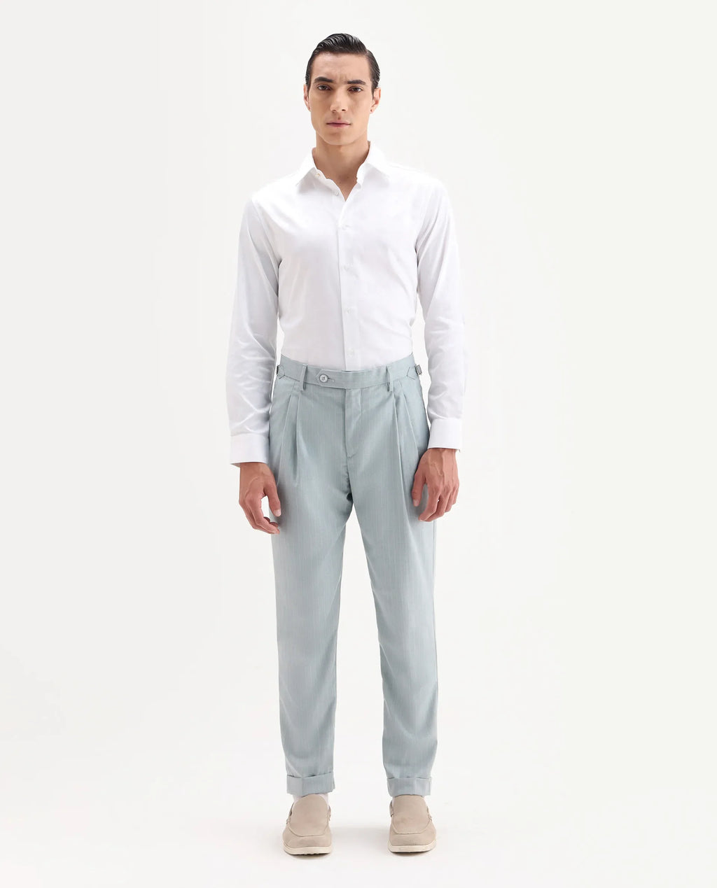 Rare Rabbit Men's Amosy Light Blue Viscose Striped Print Relaxed Fit Trouser