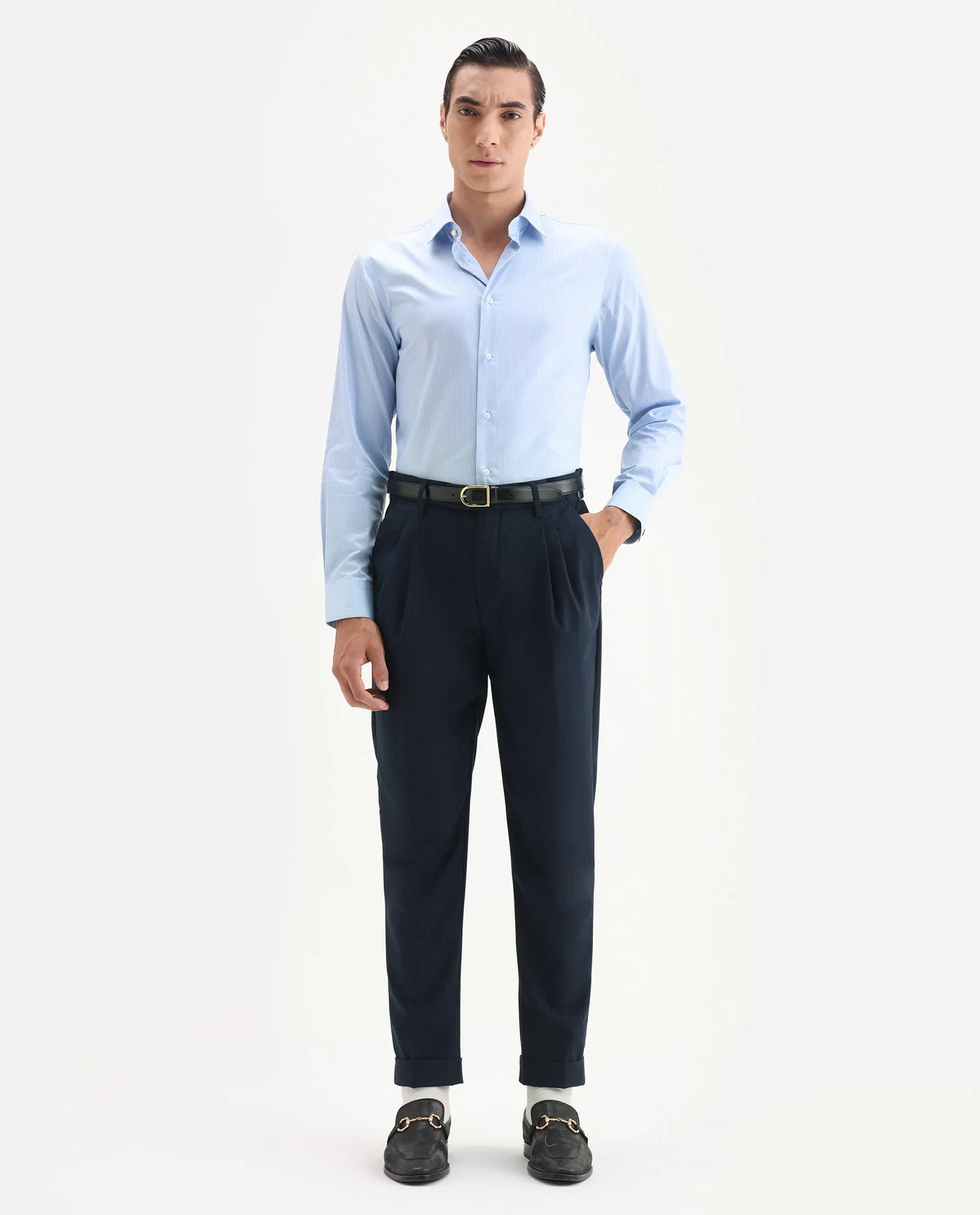Rare Rabbit Men's Amosy Navy Viscose Striped Print Relaxed Fit Trouser