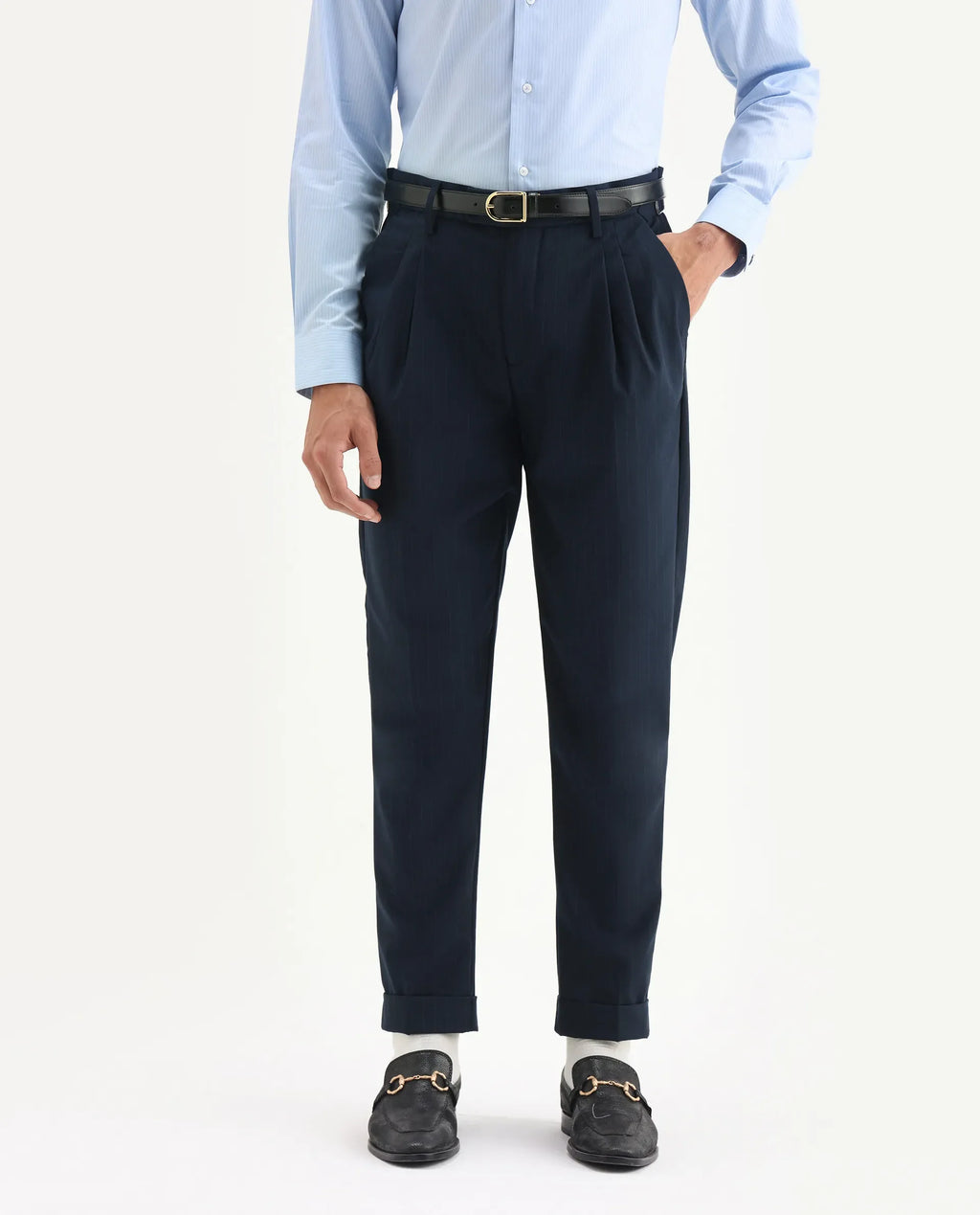 Rare Rabbit Men's Amosy Navy Viscose Striped Print Relaxed Fit Trouser