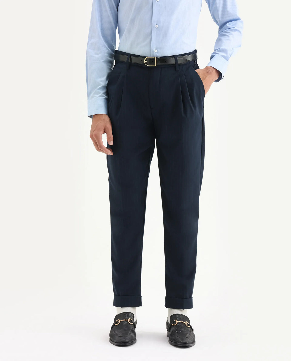 Rare Rabbit Men's Amosy Navy Viscose Striped Print Relaxed Fit Trouser