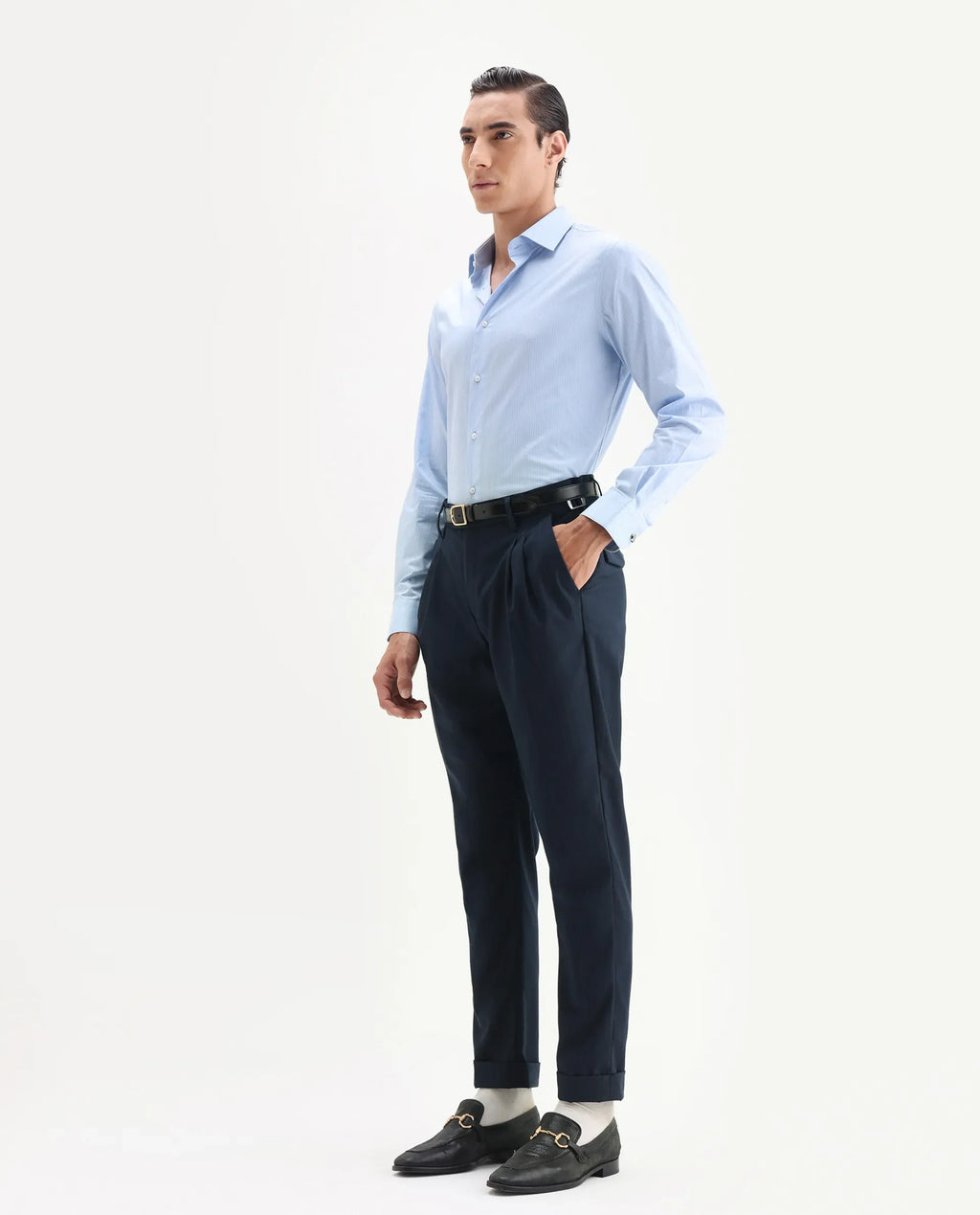 Rare Rabbit Men's Amosy Navy Viscose Striped Print Relaxed Fit Trouser