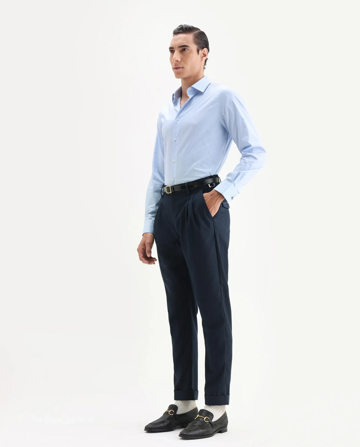 Rare Rabbit Men's Amosy Navy Viscose Striped Print Relaxed Fit Trouser