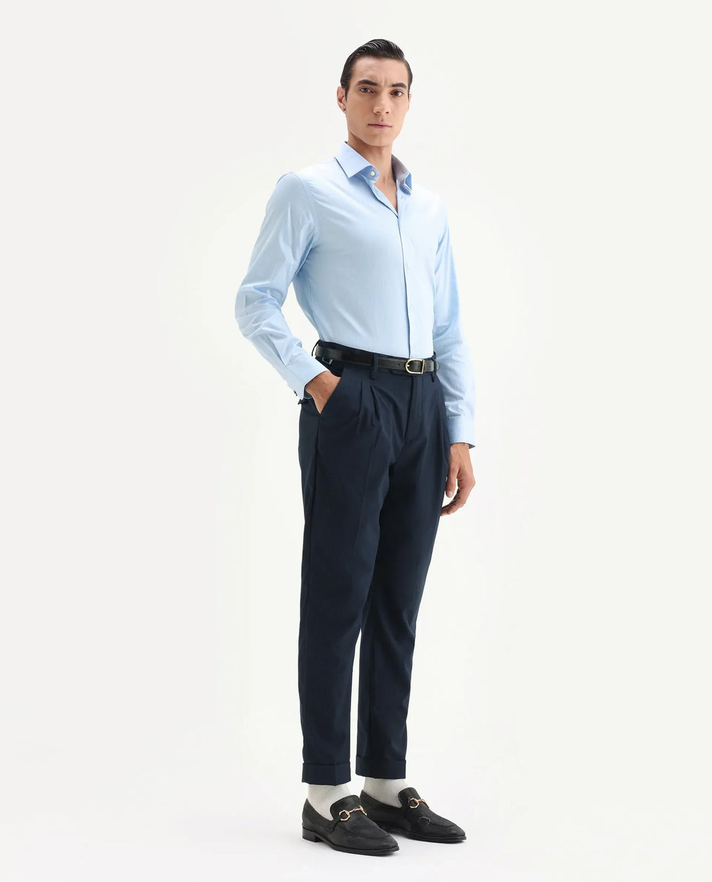 Rare Rabbit Men's Amosy Navy Viscose Striped Print Relaxed Fit Trouser