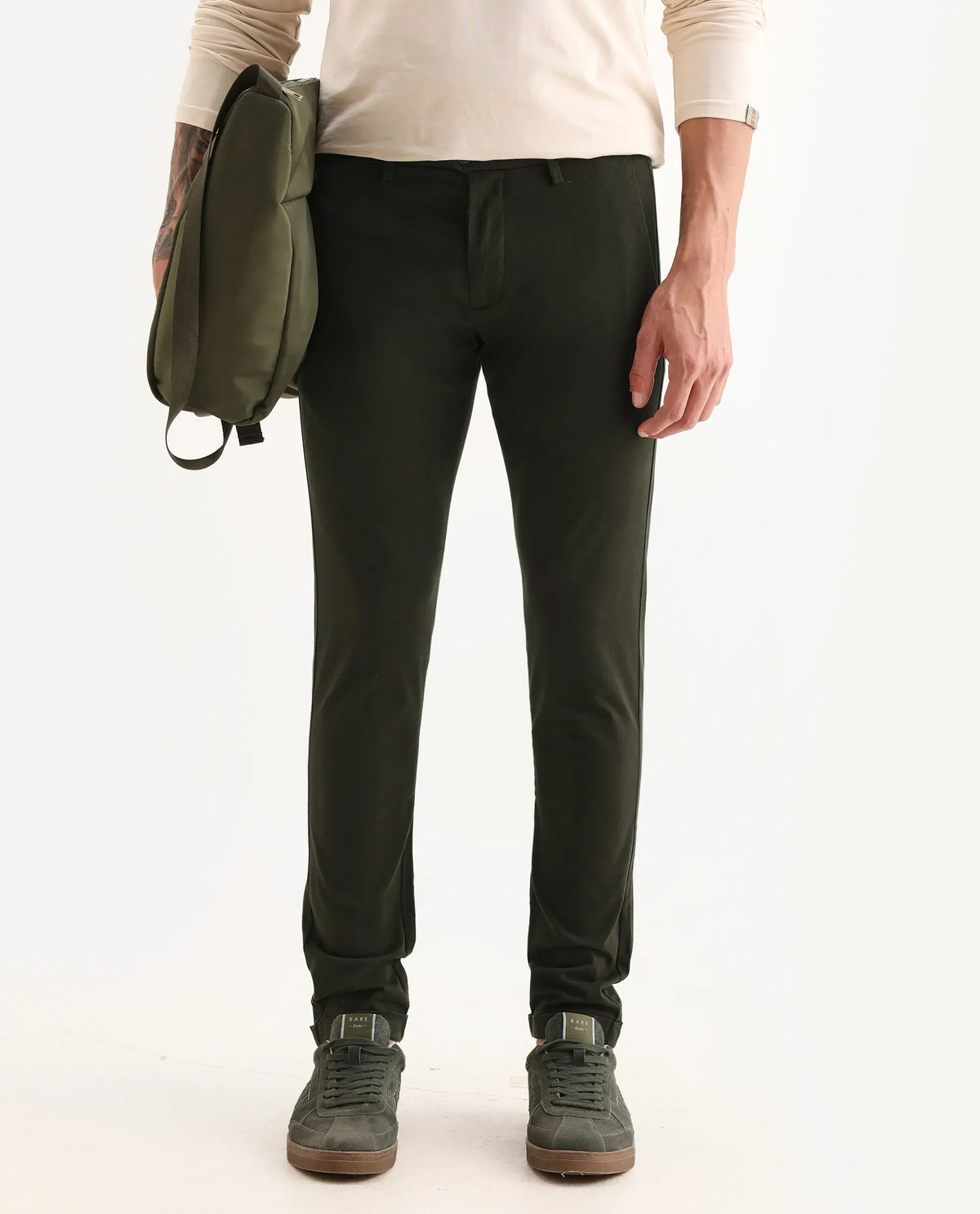Rare Rabbit Men's Aps Dark Green Cotton Plain Regular Fit Trouser