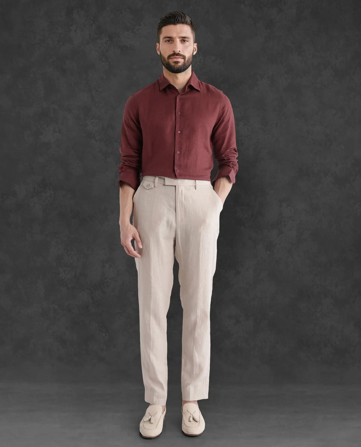 Rare Rabbit Men's Arcelo-2 Beige Linen Plain Regular Fit Trouser