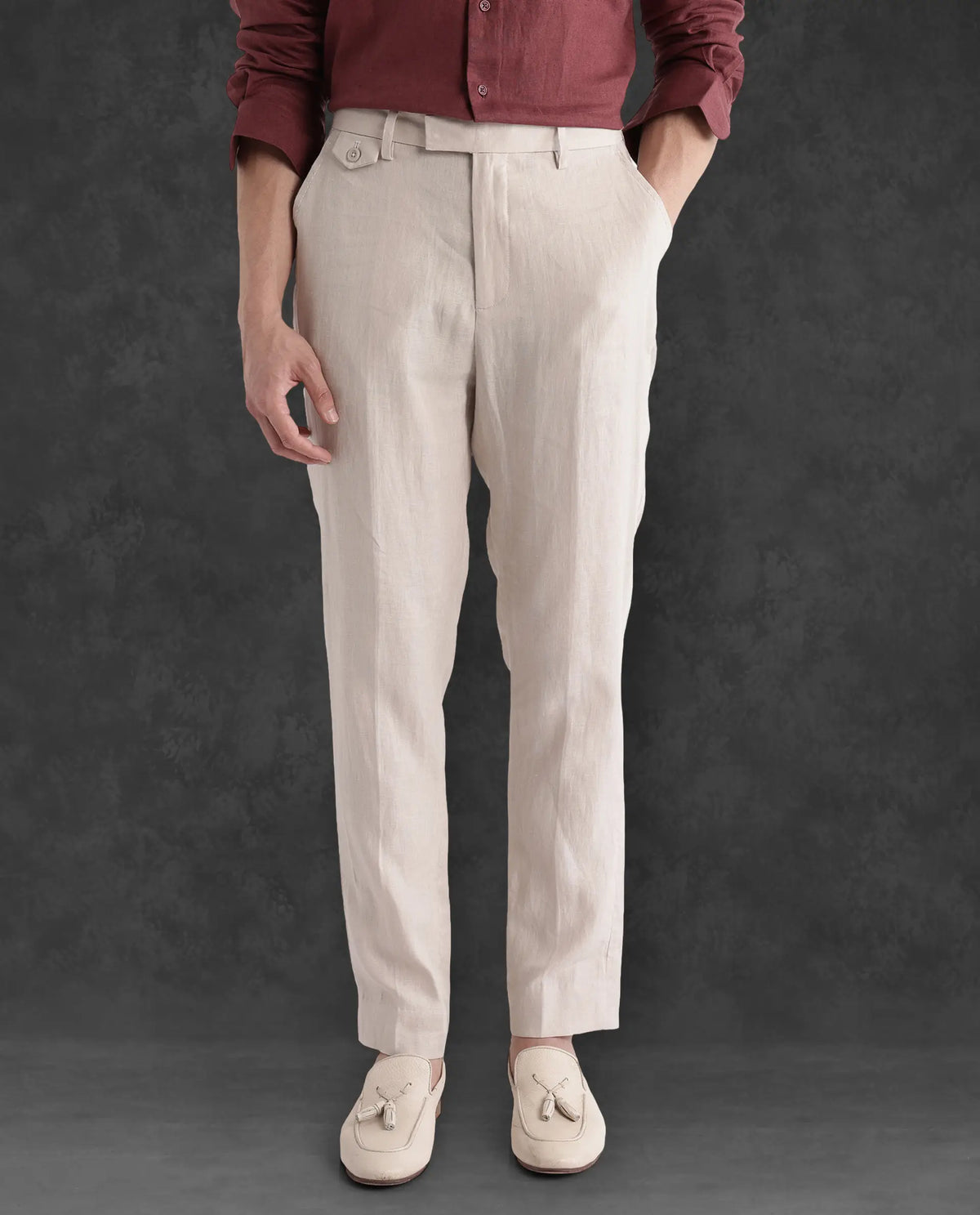 Rare Rabbit Men's Arcelo-2 Beige Linen Plain Regular Fit Trouser