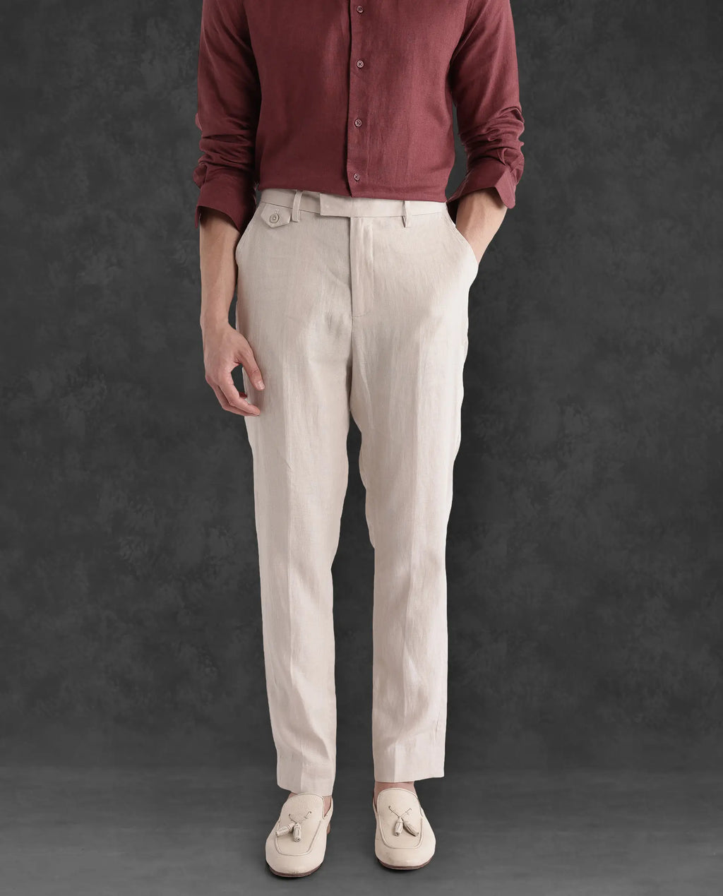 Rare Rabbit Men's Arcelo-2 Beige Linen Plain Regular Fit Trouser