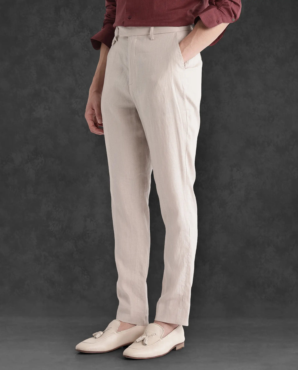 Rare Rabbit Men's Arcelo-2 Beige Linen Plain Regular Fit Trouser