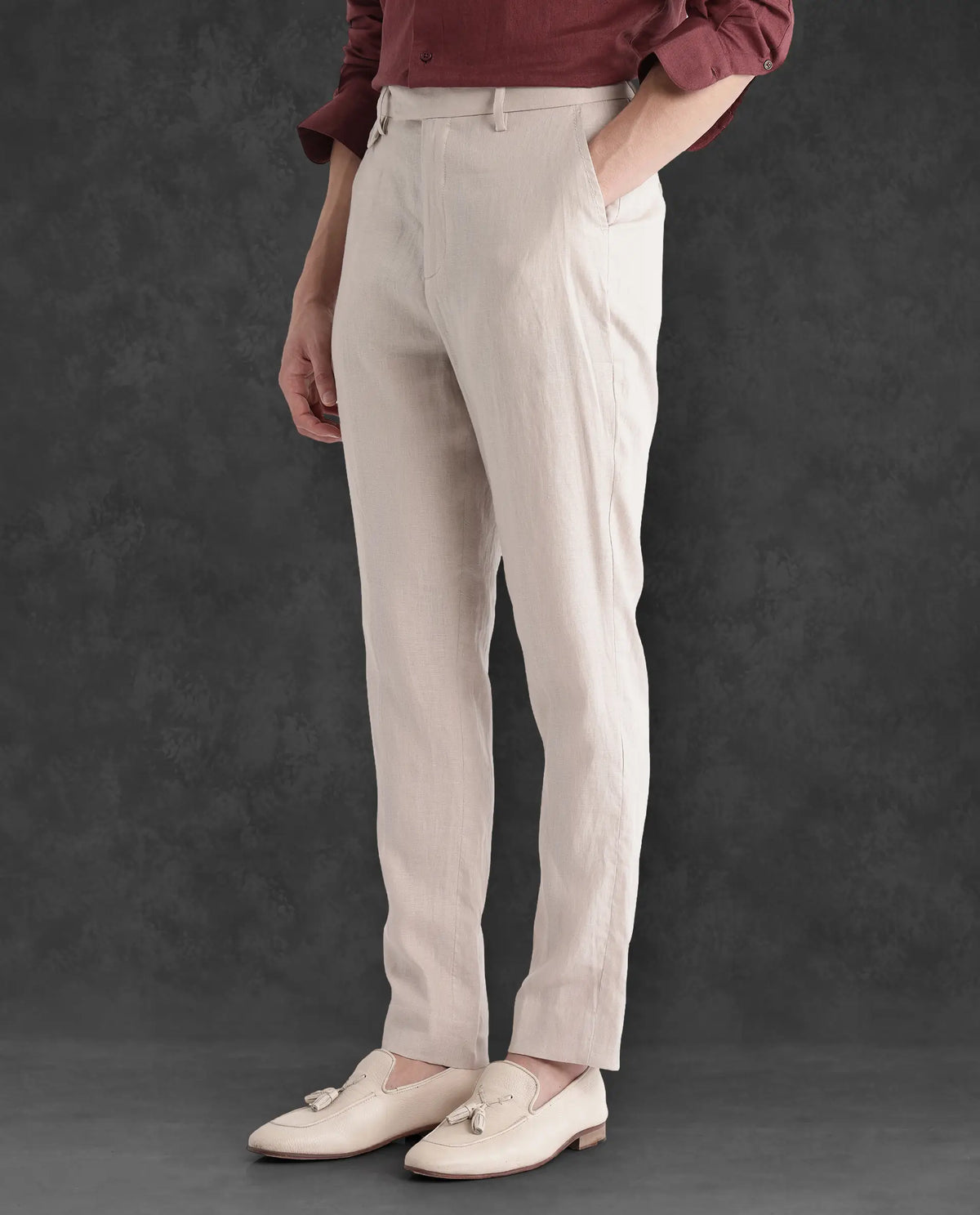 Rare Rabbit Men's Arcelo-2 Beige Linen Plain Regular Fit Trouser