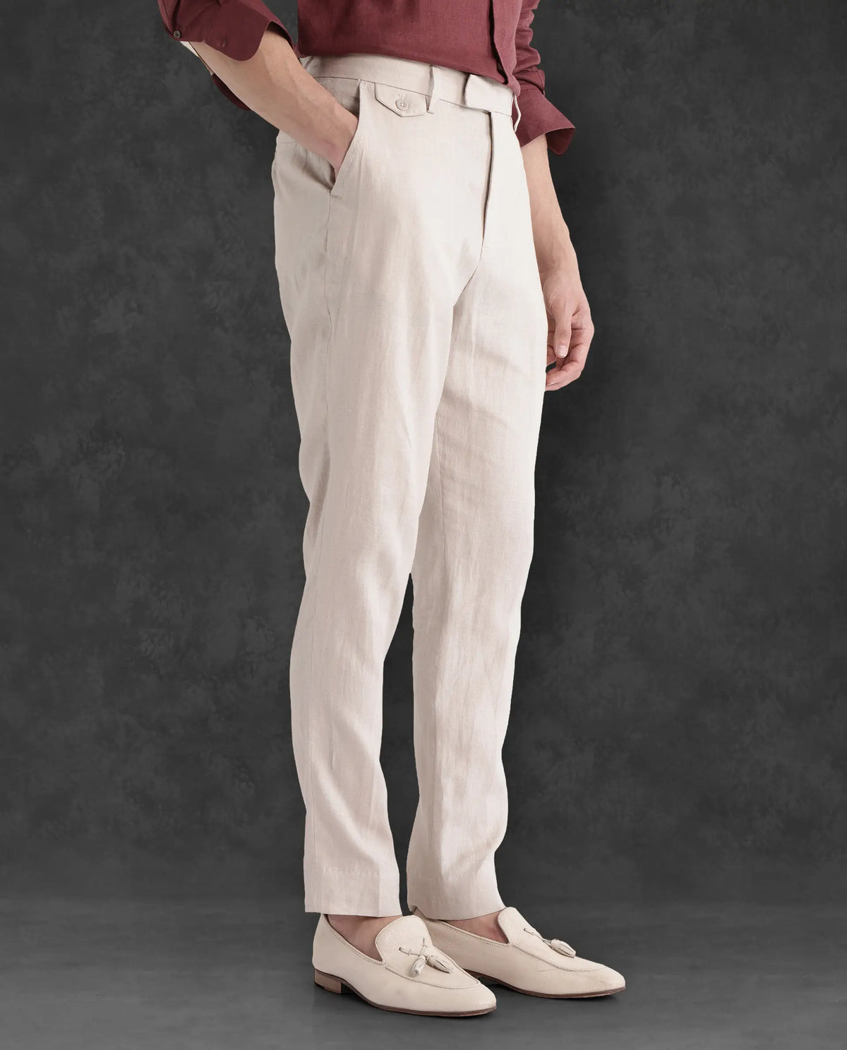 Rare Rabbit Men's Arcelo-2 Beige Linen Plain Regular Fit Trouser