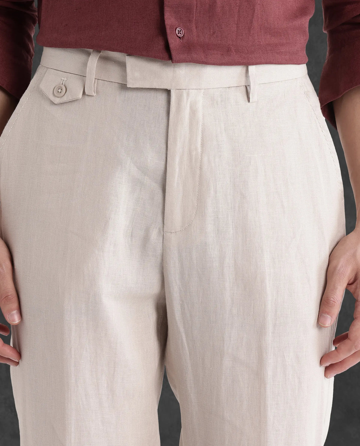 Rare Rabbit Men's Arcelo-2 Beige Linen Plain Regular Fit Trouser