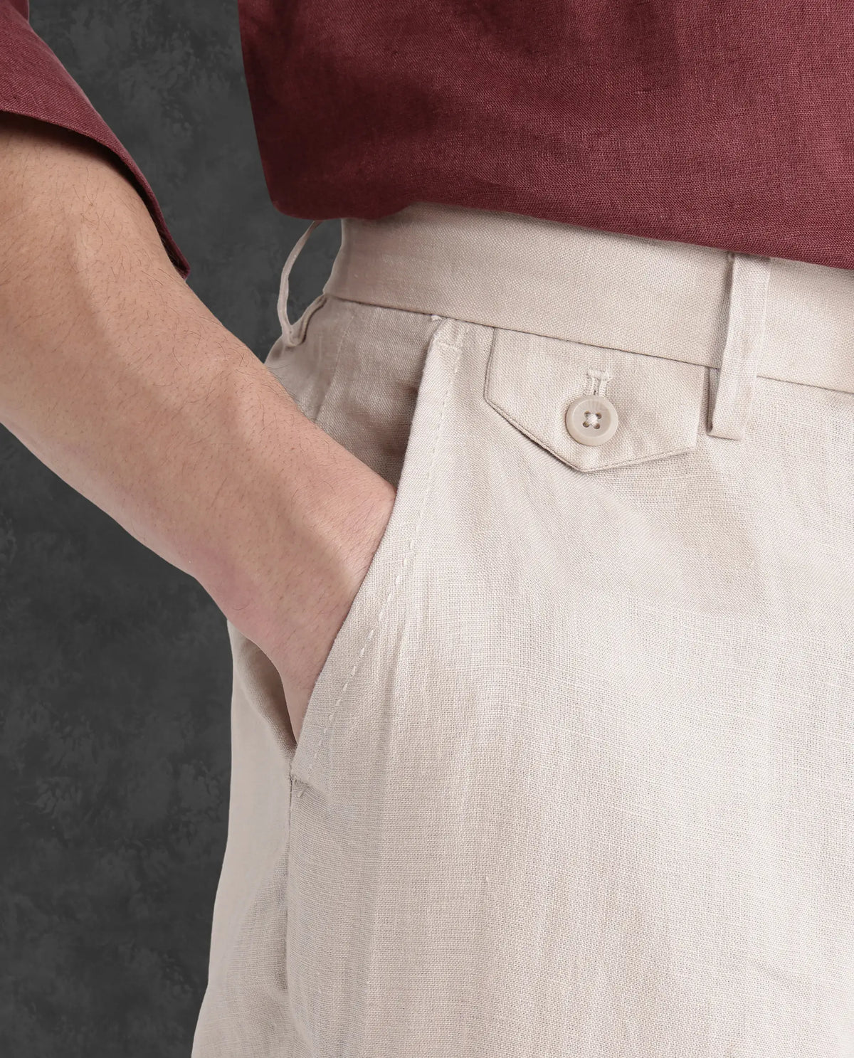 Rare Rabbit Men's Arcelo-2 Beige Linen Plain Regular Fit Trouser