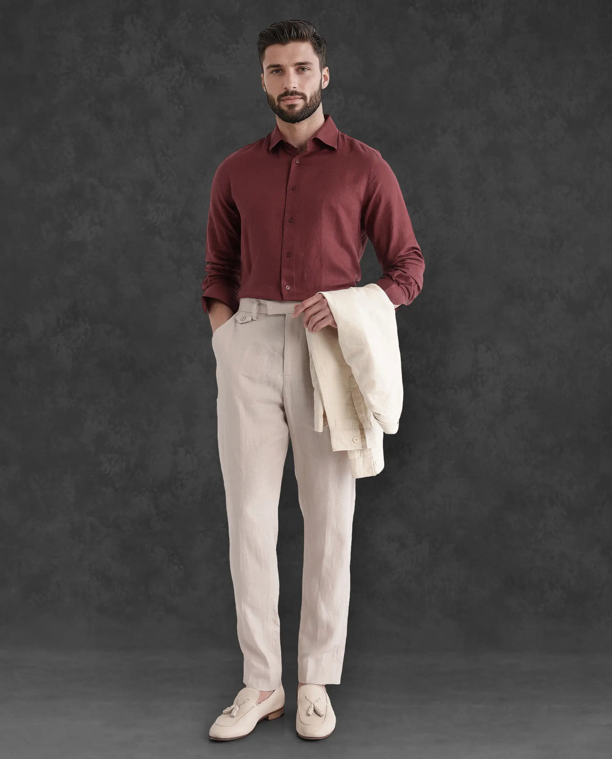 Rare Rabbit Men's Arcelo-2 Beige Linen Plain Regular Fit Trouser