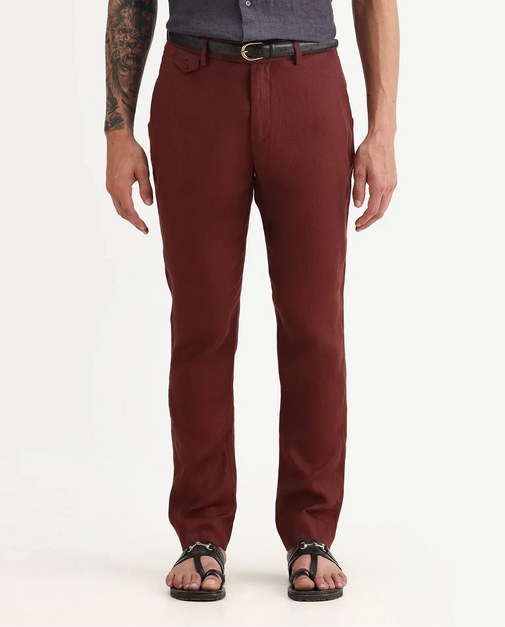 Rare Rabbit Men's Arcelo-2 Rust 100% Linen Plain Regular Fit Trouser