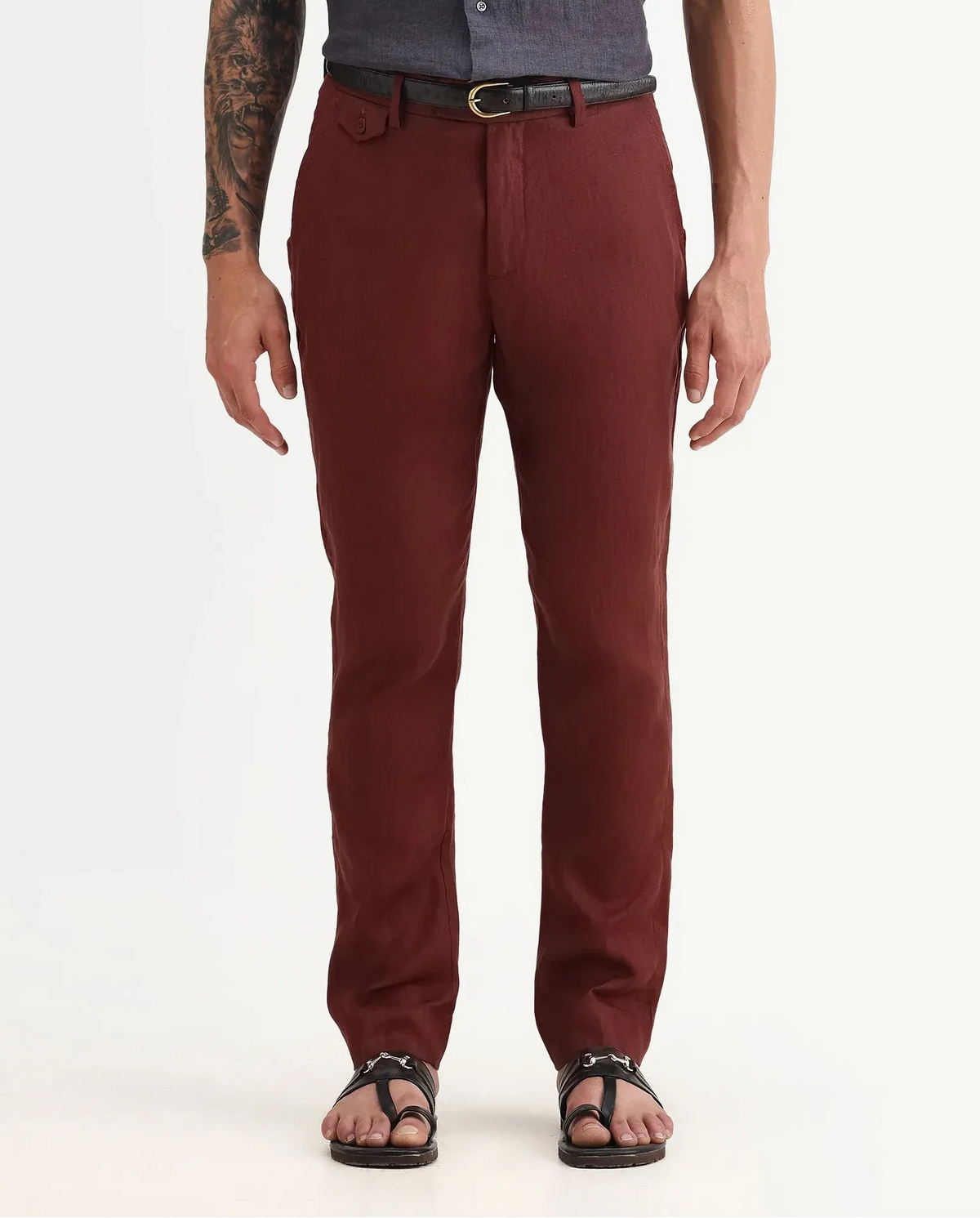 Rare Rabbit Men's Arcelo-2 Rust 100% Linen Plain Regular Fit Trouser