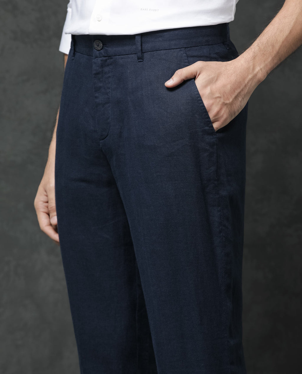 Rare Rabbit Men's Arcelo Navy Linen Plain Regular Fit Trouser
