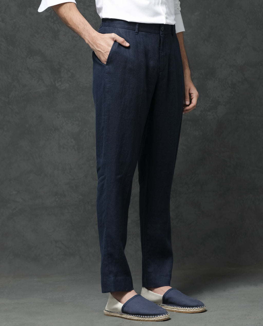 Rare Rabbit Men's Arcelo Navy Linen Plain Regular Fit Trouser