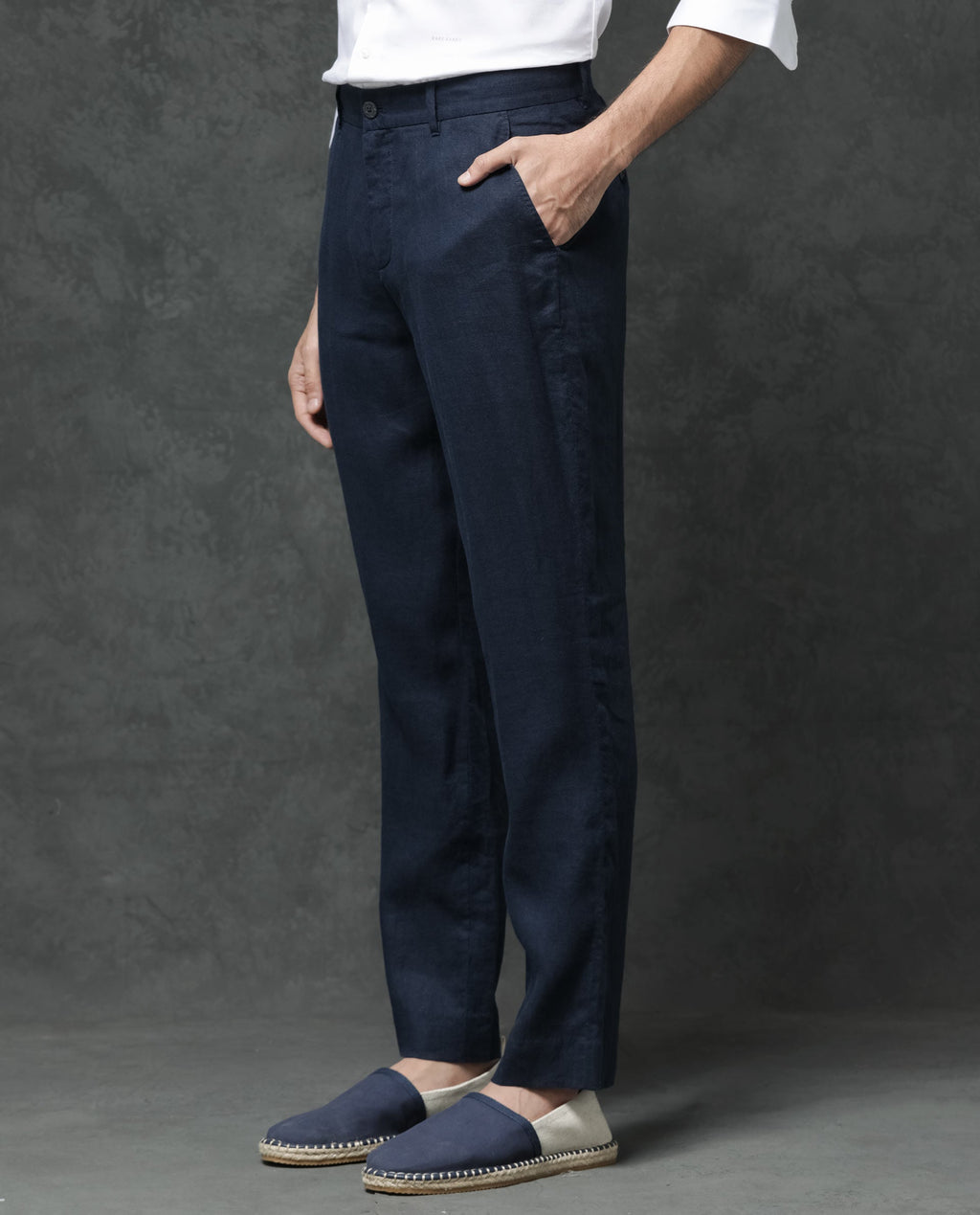 Rare Rabbit Men's Arcelo Navy Linen Plain Regular Fit Trouser