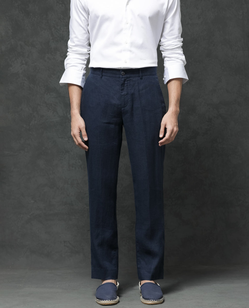 Rare Rabbit Men's Arcelo Navy Linen Plain Regular Fit Trouser
