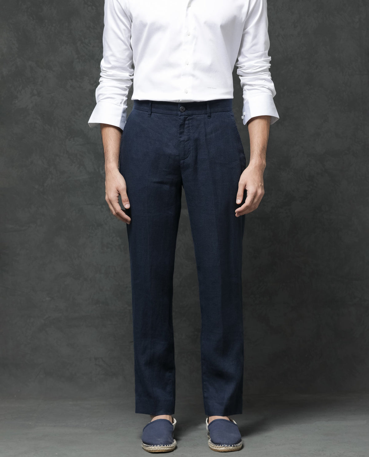 Rare Rabbit Men's Arcelo Navy Linen Plain Regular Fit Trouser