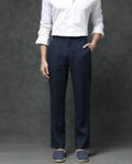 Rare Rabbit Men's Arcelo Navy Linen Plain Regular Fit Trouser