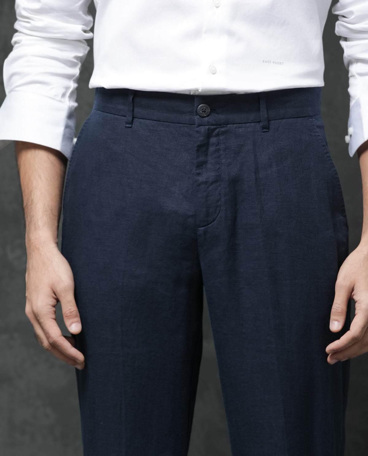 Rare Rabbit Men's Arcelo Navy Linen Plain Regular Fit Trouser