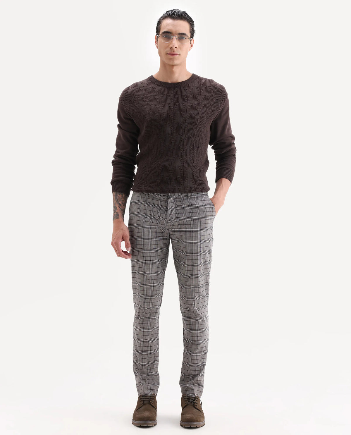 Rare Rabbit Men's Bandon Grey Polyester Blend Checked Print Regular Fit Trouser