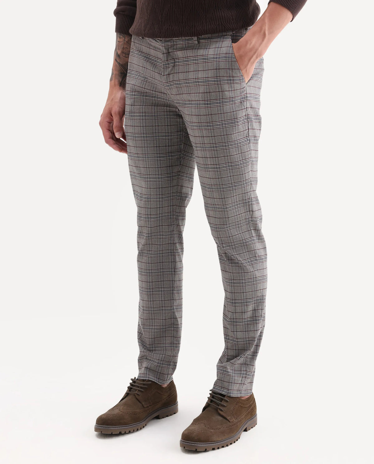 Rare Rabbit Men's Bandon Grey Polyester Blend Checked Print Regular Fit Trouser
