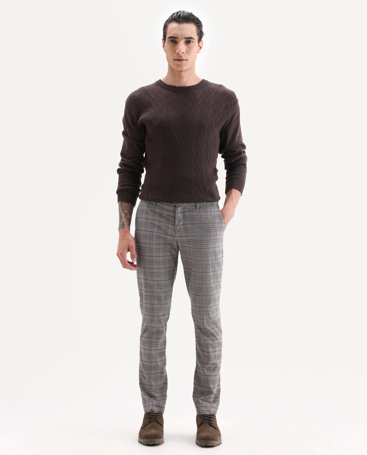 Rare Rabbit Men's Bandon Grey Polyester Blend Checked Print Regular Fit Trouser