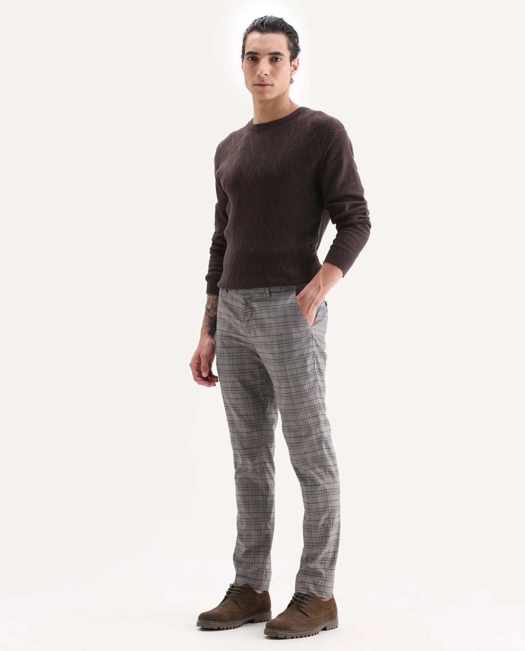 Rare Rabbit Men's Bandon Grey Polyester Blend Checked Print Regular Fit Trouser
