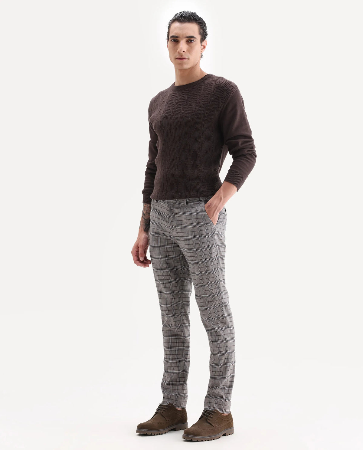 Rare Rabbit Men's Bandon Grey Polyester Blend Checked Print Regular Fit Trouser