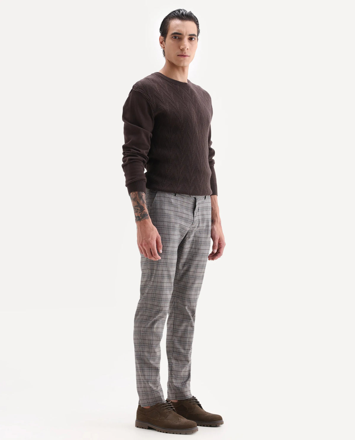 Rare Rabbit Men's Bandon Grey Polyester Blend Checked Print Regular Fit Trouser