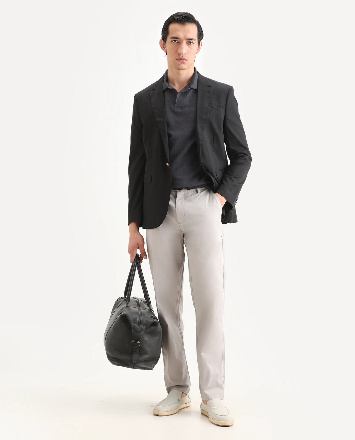 Rare Rabbit Men Bene Light Grey Cotton Blend Fabric Button Closure Straight Fit Plain Trouser