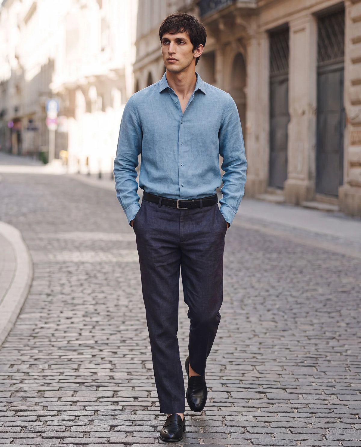 Rare Rabbit Men's Borium-T Dark Blue Linen Fabric Regular Fit Plain Trouser