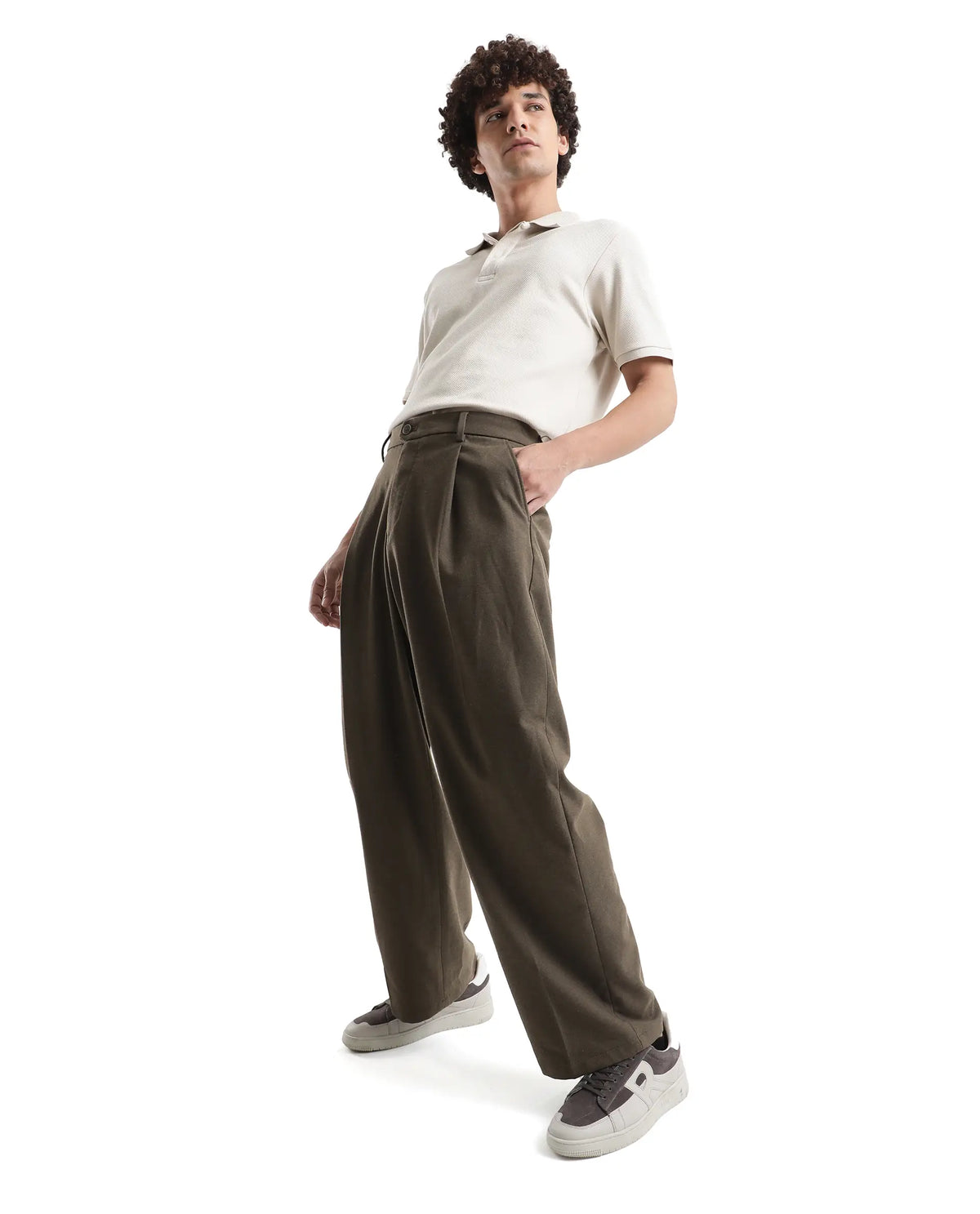 Rare Rabbit Men's Brelint Brown Cotton Blend Plain Relaxed Fit Trouser
