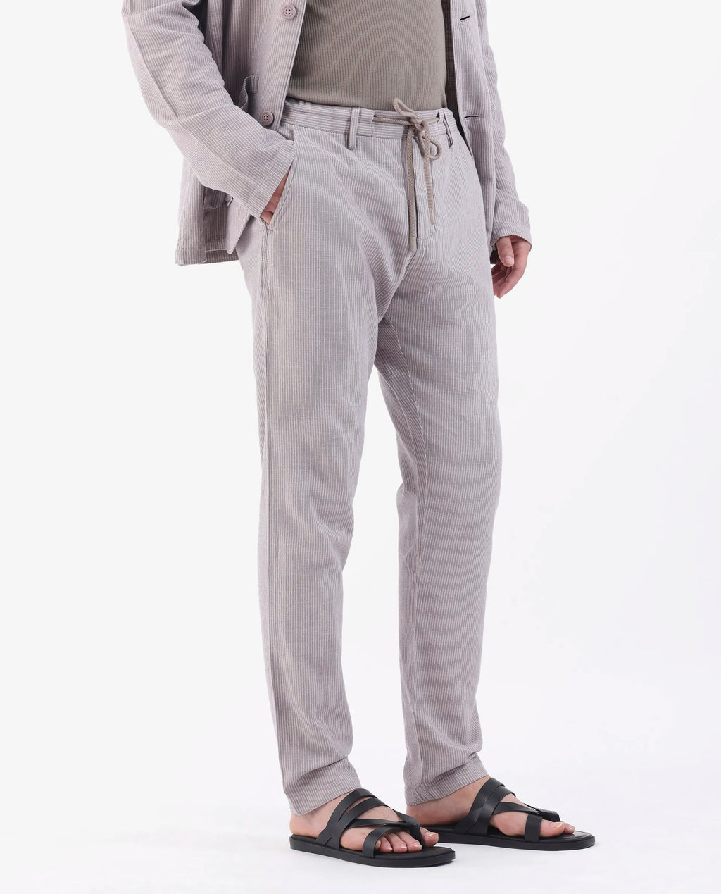 Rare Rabbit Men's Brera Puprle Linen Blend Striped Print Regular Fit Trouser
