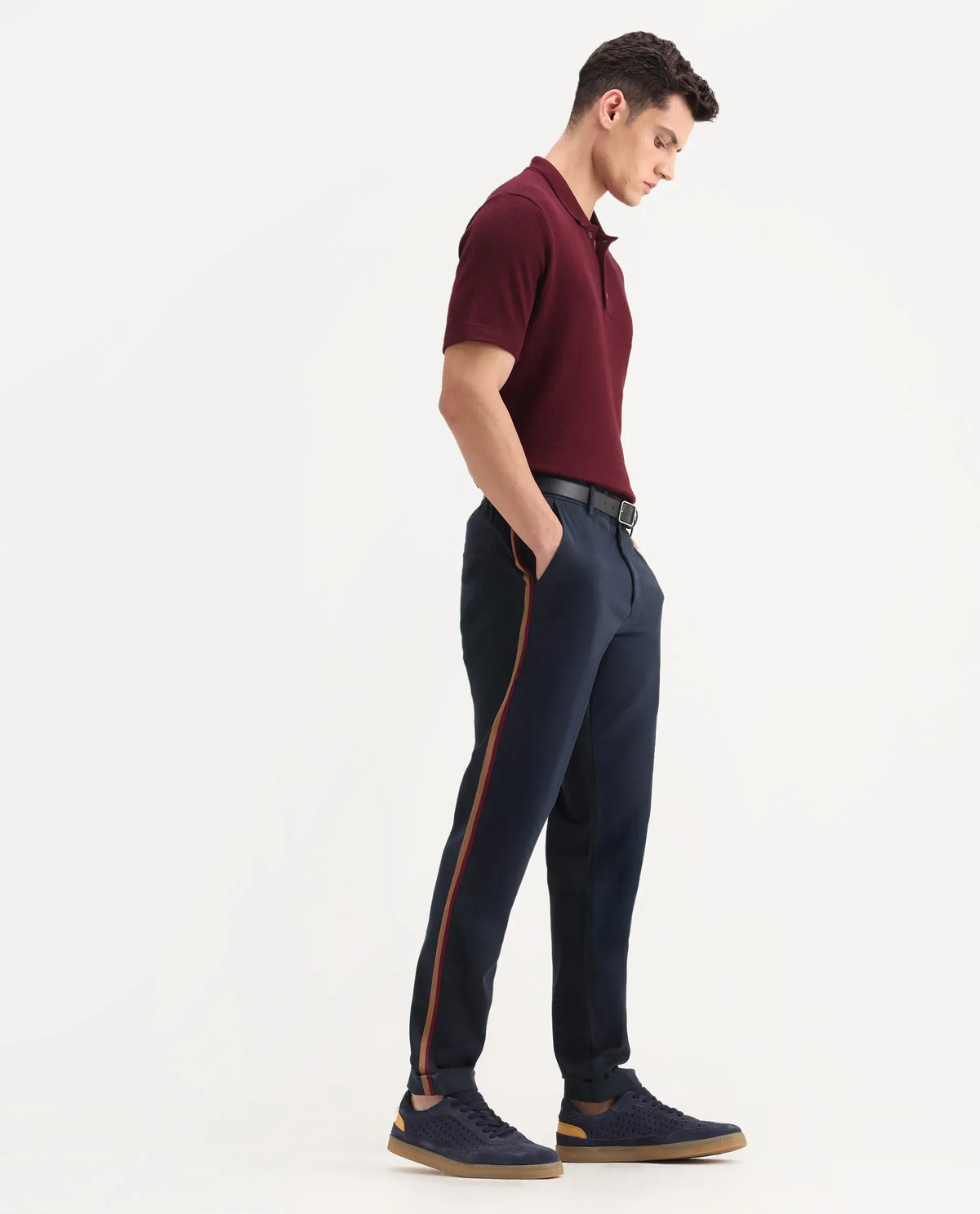 Rare Rabbit Men's Caloon Navy Linen Blend Plain Regular Fit Trouser